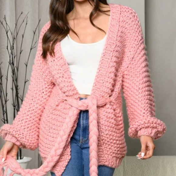 LONG SLEEVE SELF TIE OPEN FRONT KNIT SWEATER CARDIGAN pink - Picture 6 of 6